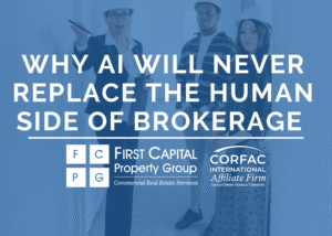Why AI will never replace the human side of brokerage over an image of three people touring a property with a blue overlay